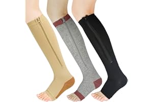 YUSHOW 3 Paar Kompressionsstrümpfe Damen Herren Stützstrümpfe mit Reißverschluss 15-20 mmHg Medizinisch Kompressionssocken Offenen Zehen Compression Socks für Ödeme, Sport, Laufen