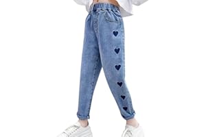 VUNCIO Pantalon Jean Enfant Fille 2-12 Ans Love Chic Pas Cher Ample Pantalons en Denim Enfant Fille Taille élastique Printemps Hiver Confortable Chic Pas Cher Casual Sport Jogging