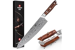 XINZUO Acier Damas Couteau de Chef 25.5cm, Couteau de Cuisine Forgé Main Tranchants Acier Damas 67 Couches Couteau de Gyuto, Convient pour la Viande, les Légumes et les Fruits -Poignée Bois de Rose