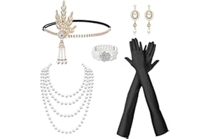 TSHAOUN 6-Piece 1920s Flapper Great Gatsby Accessories Set, 1920s Accessories for Women with Headband, Headpiece, Long Black Gloves, Necklace, Earrings