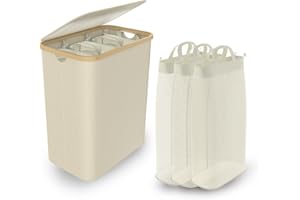 UISEBRT Cesto portabiancheria con coperchio, 3 scomparti, 140 l, sottile, pieghevole, extra grande, in bambù, con coperchio, colore: beige