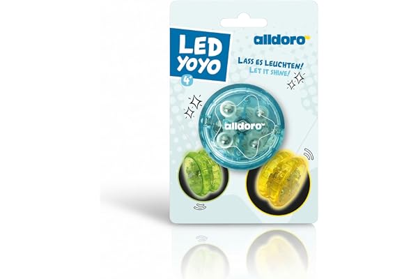 alldoro 60342 – YoYo LED Ø 6 cm, yo yo yo lumineux en plastique pour débutants avec effet lumineux pour enfants à partir de 3 ans, pour l'intérieur et l'extérieur, piles incluses, 4 couleurs assorties