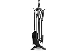 BLADO 5 Pc Black Fireside Companion Set–Durable Cast Iron Fireplace Accessories for Wood Burning Stove–Fire Poker Shovel Fire Brush–Complete Companion Sets for Log Burners – 5 Fireplace Tool Sets