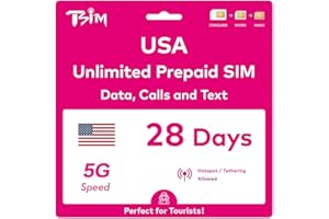 TSIM USA SIM Card for Travel to the USA. PrePaid. T-Mobile network with Unlimited Data, Calls and Texts. Upgraded 5G SIM Card! (28 Day)
