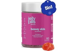 Jelly Pills® Collagène Hydrolysé Gummies avec acide hyaluronique Coenzyme Q10 et Vitamine C - goût de fraise, sans sucres ajoutés - 60 gummies 2 mois - Anti-âge - Pour la peau et articulations