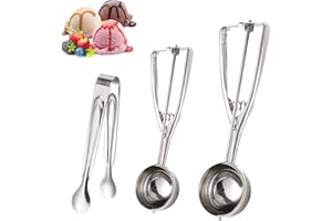 PFLYPF Juego de 2 cucharas de helado de acero inoxidable de 4 cm, 5 cm y 1 pinzas pequeñas de punta redonda para helado de catering bufé de helado, cucharas de helado, cucharas para helado, tartas, melones