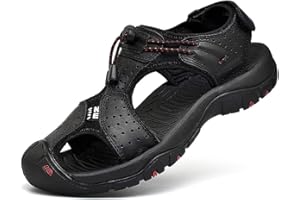 rismart Men's Closed-Toe Hook&Loop Outdoor Hiking Leather Shoes Sandals