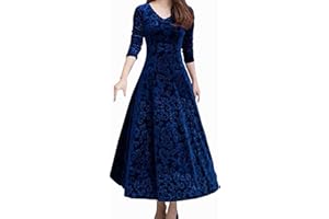 CHENSIYU Samtkleid Damen Langarm Elegant V-Ausschnitt Samtkleid Samt Hohe Taille Abendkleid Lang Sexy Partykleid Swing A-Linie Kleid Slim Ballkleid Retro Cocktailkleid Herbst Winter