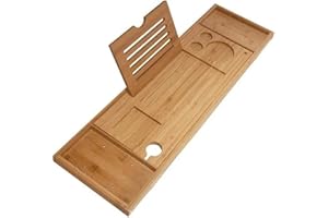 ELT, Bamboo Bath Caddy Bridge, Luxury Bridge Shelf Shower Organizer, Bathtub Caddy Tray, Extendable Spa Organizer, Bathtub Accessories for Tablet Phone Slots, Candle Mug Holder, Non-slip