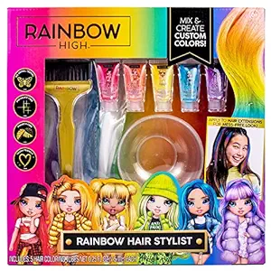 Rainbow High Rainbow Hair Stylist by Horizon Group USA, Includes 5 Vibrant Hair Coloring Gels, 3 Clip-in Extensions for Less-Mess, Mixing Bowl & Brush, Temporary Hair Coloring for Kids, Multi