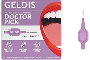 GELDIS Scovolini Dentali Doctor Pick - Scovolino Interdentale per Pulizia Denti, Scovolino Denti per Igiene Dentale, Rimuovi Tartaro Denti, 7 pezzi - Con Cappuccio (Viola, 0,6mm)