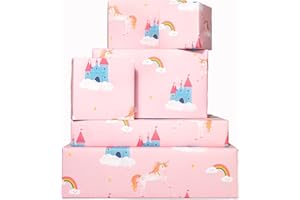 6 hojas de papel de regalo - Unicornios y castillos - Papel de regalo rosa para niñas - Bebé recién nacida - Hija - Arcoíris - Ecológico - De Central 23