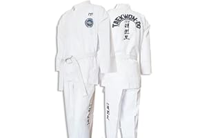 KUXUAN ITF Taekwondo Uniform Kinder Erwachsene Gestreifter Stoff Karate Gi Judo Anzug für Wettkampf und Training,White-140