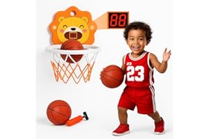 COO11 Kids 2-in-1 Wall-Mount Basketball Hoop and Ring Toss Game, Indoor/Outdoor Sports Toy with Digital Scoreboard, Auto Counter, Sounds, Ball and Pump, Astronaut, Kawaii and Dinosaur Themes - Ages 3+
