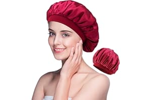 iJiGui Gorro de Dormir, Gorro Seda Dormir Elástico, Gorro de Satén de Banda Ancha para Dormir, Suave Cubierta de Cabeza Bonnet Seda para Mujeres y Chicas(Vino rojo)