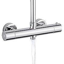 Ulytid Douchekraan met thermostaat, zwart, mengkraan douche met 2 uitlaten, douchethermostaatarmatuur, boven 3/4 inch BSP (26,4 mm) onder 1/2 inch BSP (21 mm), ronde vorm