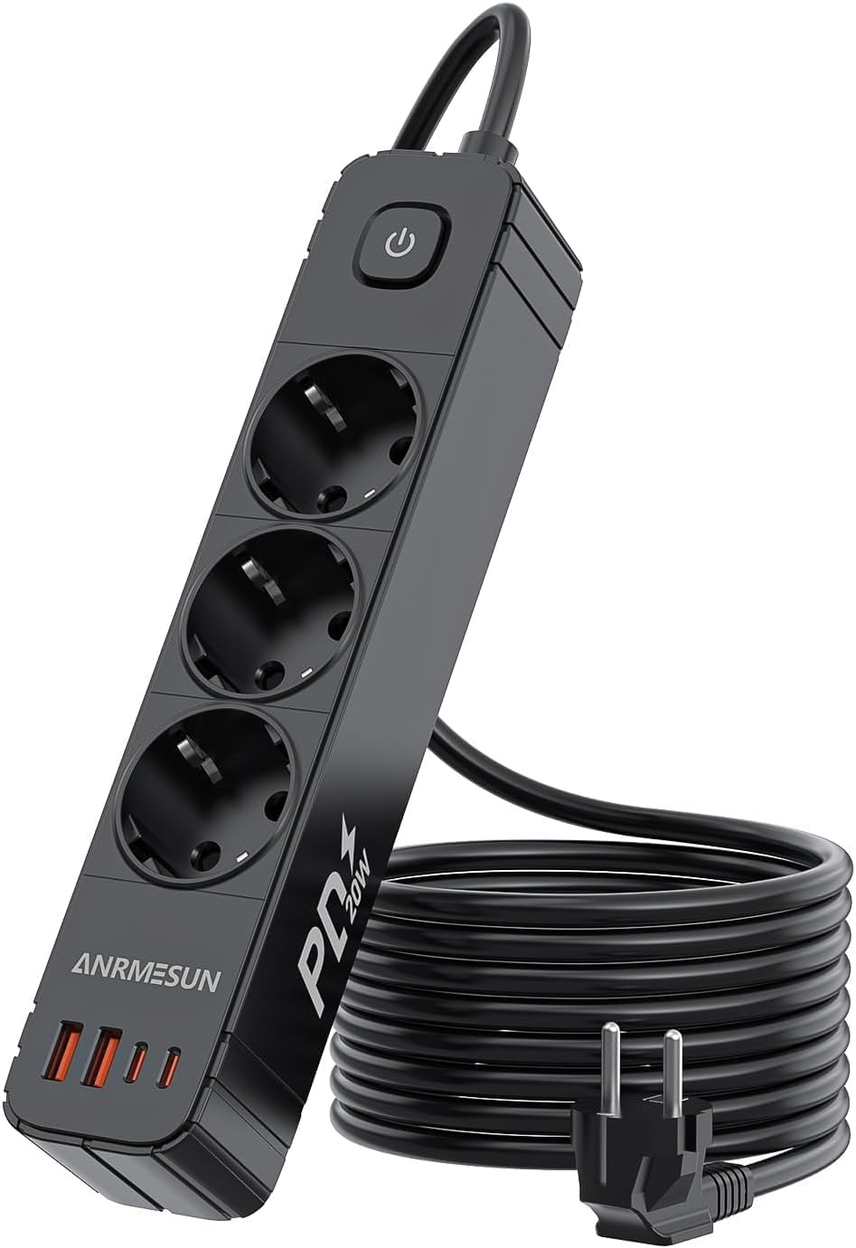 ANRMESUN Regletas Enchufes con 3 Tomas y Interruptor, Enchufe Múltiple de Carga 2 USB A y 2 USB C (PD 20W), Protección Sobretensión, Cable 1.9m, Ideal para Viajes y Hogar