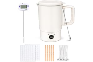 KERCAMKEL Elektrischer Wachsschmelztopf für Kerzenherstellung, Kerzen Selber Machen Set Zubehör mit Wachsschmelzer, Thermometer, 100 Kerzendochte, 100 Docht Aufkleber, 5 Dochthalter und Rührlöffel