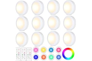 WUYOR LED Schrankbeleuchtung Unterbauleuchte Kabellos, RGB Spots Batterie Dimmbare mit Fernbedienung 16 Farben, Timer, LED vitrinenbeleuchtung mit Batterie, 12 Stück, Weiß