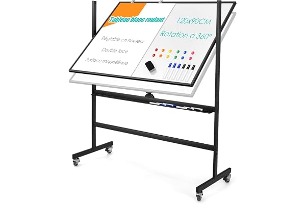 GOPLUS Tableau Blanc Effacable Hauteur Réglable 160-188CM avec 4 Roues, Tableau Blanc Magnetique Double Face Rotatif 360° Cadre en Aluminium, 1 Effaceur, 12 Aimants, 6 Marqueurs, Feuille de Papier