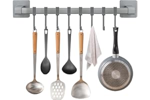 Ziyonix Soporte de Utensilios Cocina con 8 Ganchos de Móviles, Soporte Utensilios Cocina Autoadhesiva 40 cm Barra Colgador Utensilios Cocina para Cocina Baño Dormitorio (Gris)