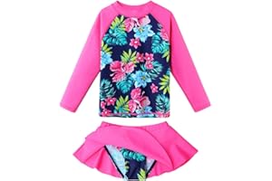 ZNYUNE Girls 2 Pieces UPF 50+ UV Sun Protection Long Sleeve Rash Guard Swimsuit Bathing Suit Set 3-10 Years
