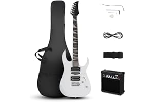 LALAHO 39 Inch Beginners Electric Guitar Kit with H-S-H Pickup, Solid Body Electric Guitar Set with 20W Amplifier, Tremolo Arm, Bag, Pick, Shoulder Strap, Cable (White)