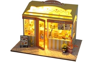 SEPTEMBER-EUROPE Japanese-Style Food and Play Shop Serise Dollhouse Miniature with Furniture, DIY Wooden Dollhouse Kit Creative Room with LED Light (Dessert Buffet)