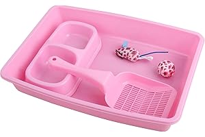 PAWISE Cat Accessories Set of 4 Cat Accessories Including Litter Tray, Litter Scoop, Bowl and Kitten Toy, 14.5 x 10.5 Inches, Pink