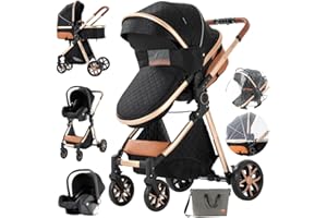 DZIRANAM carrito bebe 3 en 1,cochecito reversible, grande, con asiento para niños y plegable(negro y dorado)