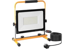 GLIROWY 100W LED Work Light 10000LM, IP65 Outdoor Construction Lighting with Detachable Stand, LED Floodlight with 220V-250V Plug and ON/Off Switch for Workshop Job Site Garage, 5M Wire, 6000K Cool White