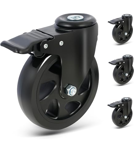 Set 4 Ruote Con Freno AMIG 125 Mm – Per Mobili Pesanti, Portata 120 Kg, Piastra Di Montaggio, Gomma Nera, Cuscinetti A Rulli