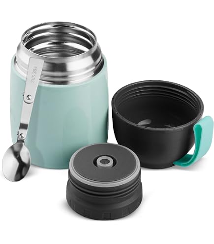 VGECEE Boîte Alimentaire Isotherme 600ml Noir - Gamelle Repas Avec Cuillère Pliable, Garde Chaud/Froid Parfait Pour Bureau, École & Randonnée