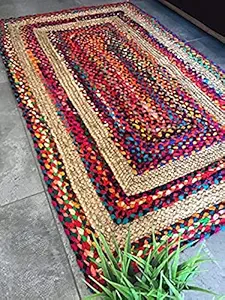 FR Creations Handwoven Natural Fibres Cotton and Jute Braided Floor Rug Round Chindi Carpet,(Multicolour,70 cm)