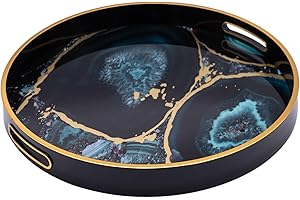 MAISON DES CADEAUX Round Abstract Design Drinks Decorative Serving Tray, Blue Agate Effect