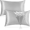 Veaken Silk Pillowcase for Hair and Skin, 100% Mulberry Silk Pillowcase 25 Momme 600 Thread Count, Both Side Pure Silk with Hidden Zipper, Queen 20''x30'', Grey, Set of 2