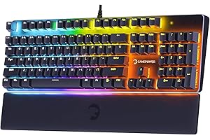 ‎GAME POWER GAMEPOWER Ogre RGB Blue Switch Mechanical Keyboard, Gaming Tastatur, DE QWERTZ Keyboard mit Handgelenkauflage 105 Tasten, USB Kabel, Blau Scalter Tastaturen für Pc, 18 RGB beleuchtet Modi, Schwarz