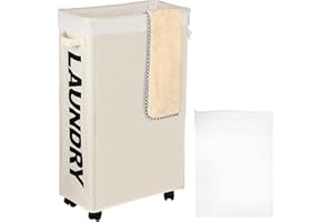 IHOMAGIC 62L Cestos para la Colada Rectangular con Ruedas - Cesto de Ropa Sucia Alta con Bolsa de lavandería extraíble, Cesto de Almacenamiento de Ropa Delgada, Plegable Bolsa de Lavandería (Beige)