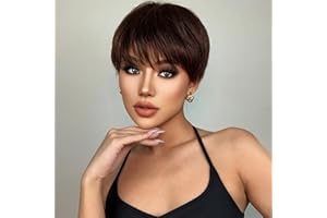 PHOCAS Cheveux Humains Courts Bruns Coupe De Lutin Perruques Avec Frange Couches Perruques Court Brun Naturel Mode Cheveux Raides Perruques Pour Les Femmes