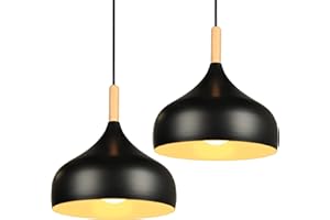 iDEGU Lot de 2 Lustre Suspension Rétro 24CM Suspension Luminaire Moderne Style Scandinave Plafonnier E27 Métal Bois Lampe Suspension pour Chambre Salle à Manger Cuisine Salon (2 Pack Noir)