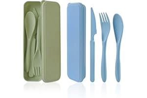 CUAYAES Camping Cutlery Set for 2, Portable Travel Cutlery Set with Case, Reusable Plastic Spoon Knife and Fork Sets for Lunch Box Picnic Work School or Daily Use (Green+Blue)