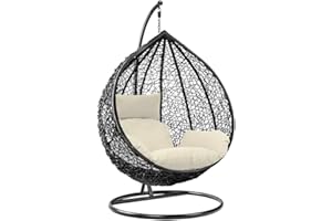 WOWSUBLI Rattan Swing Egg Chair with Stand Outdoor Indoor Garden Patio Hanging Egg Chair with Cushion (Black Egg Chair & White Cushion)