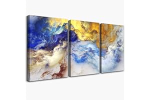 hyidecorart Cuadros Decoracion Salon Modernos, 3 Piezas Nubes de Oro Azul Cuadro Pared Lienzo, Lienzos Decorativos Para Dormitorio Sala Comedor Oficina Pasillo Cocina Y Baño