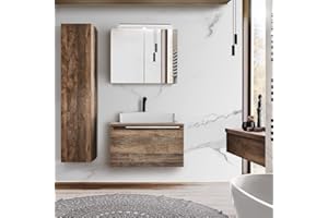 Lomadox Badmöbel Set Vintage Oak Eiche, 80cm Waschtischunterschrank, Keramik Waschbecken, LED-Spiegelschränke, Hochschrank