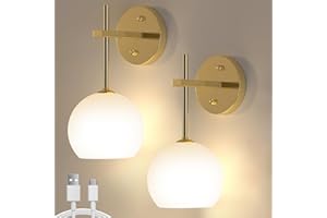 LABOREDUCER Gold Battery Rechargeable Wall Lights Set of 2, Sconces Wall Lamps with Frosted Glass, Wireless LED Color Changing Wall Mounted Lighting, Wall Lamp for Bedroom, Living Room, Staircase
