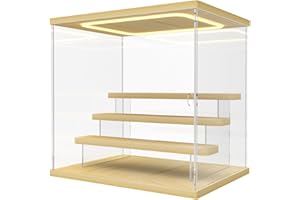 Nynelly Vitrine Acrylique pour Collection avec Éclairage LED, Plexiglas Vitrine Transparente avec Porte et Marches, Boite Presentoir Anti-Poussière pour Funko Pop, Figurines, 4 Niveaux, Couleur Bois