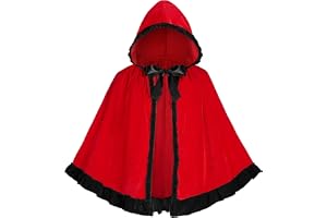 Tomatoys Kort Röd och Svart Cape med Luva för Damer - Rödluvan Cape med Rosett och Volanger för Halloween, Karneval, Cosplay, Maskerad, One Size Vuxen