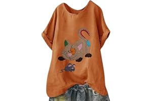 TIMEMEAN Haut Femme Shirt Graphique Drôle à Manches Courtes Et Col Ras du Cou De Grande Taille Chat De Dessin Animé Mignon Attraper des Chemises en Lin De Coton De Souris