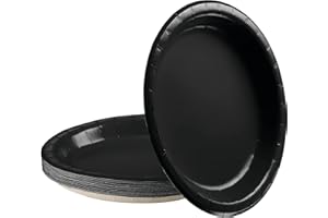 POPOYU 16Pcs Black Party Paper Plates 9 inch,Black Party Tableware Decor Black Paper Plate Black Plates for Kids Halloween Black Birthday Wedding Retirement Party Supplies Table Decoration