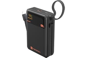 Portronics 65W Ignis 65 20000mAh Fast Charging Powerbank with in-Built Type C Cable for Android Smartphones, iPhones, ipads, Tablets & Macbooks, Type C PD Port, LED Display, Strong Lanyard (Black)